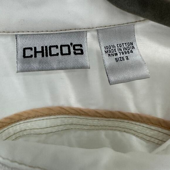 Chico's Lightweight Jacket Size 2‎ Long Sleeves Snaps White with Tan Stitching - Picture 4 of 10